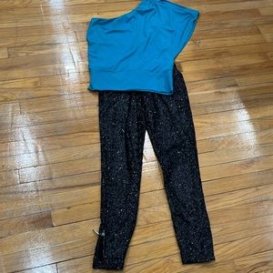 Teal one shoulder WHBM top and black sequin NWT pants